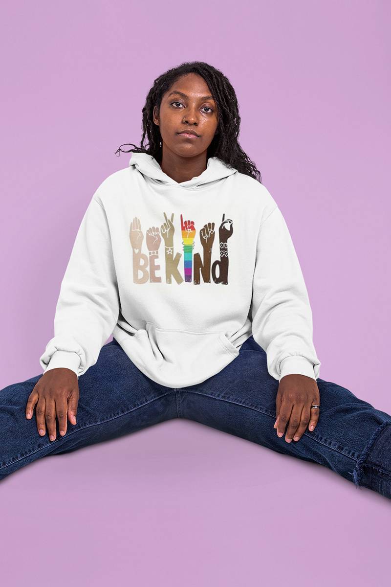 woman-wearing-be-kind-hoodie