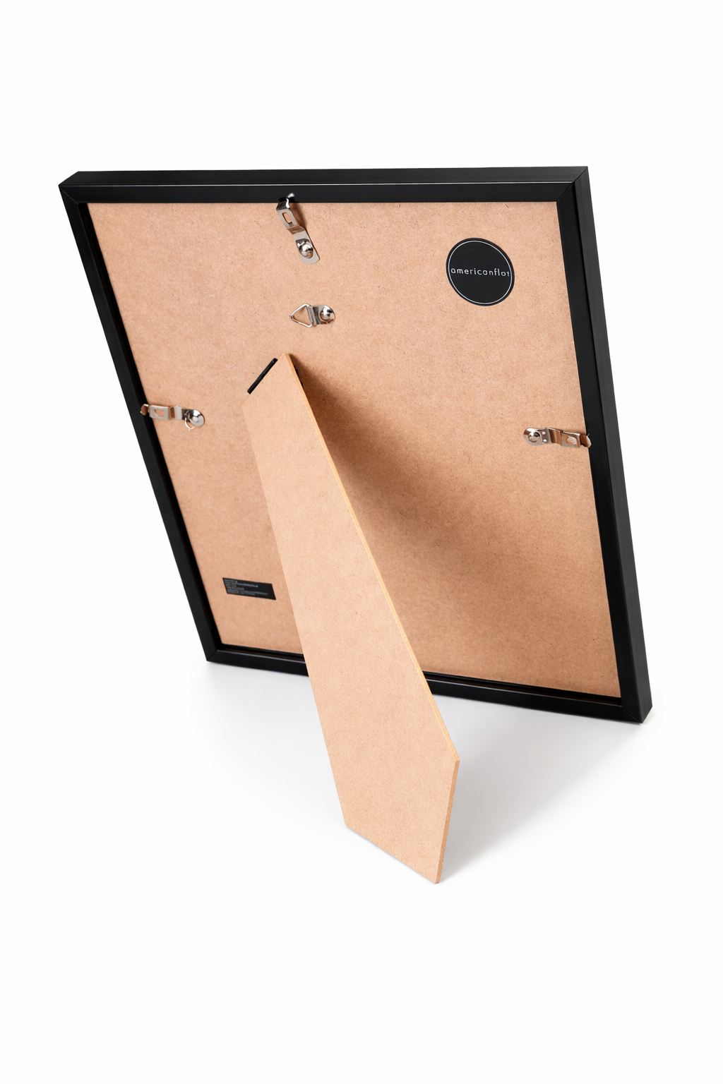 Black picture frame with a beige mat on a white background