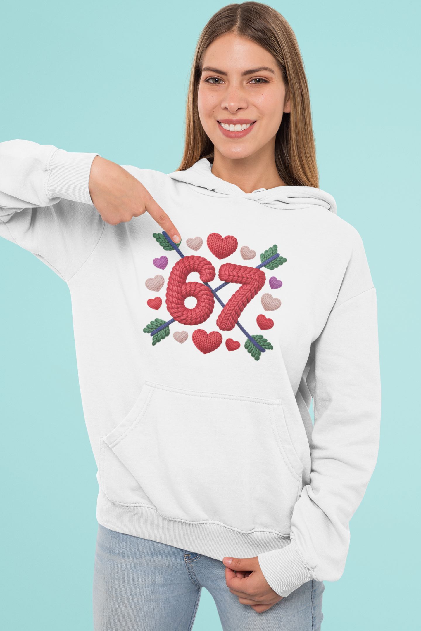Hoodie featuring number 67 with hearts and arrows graphic design