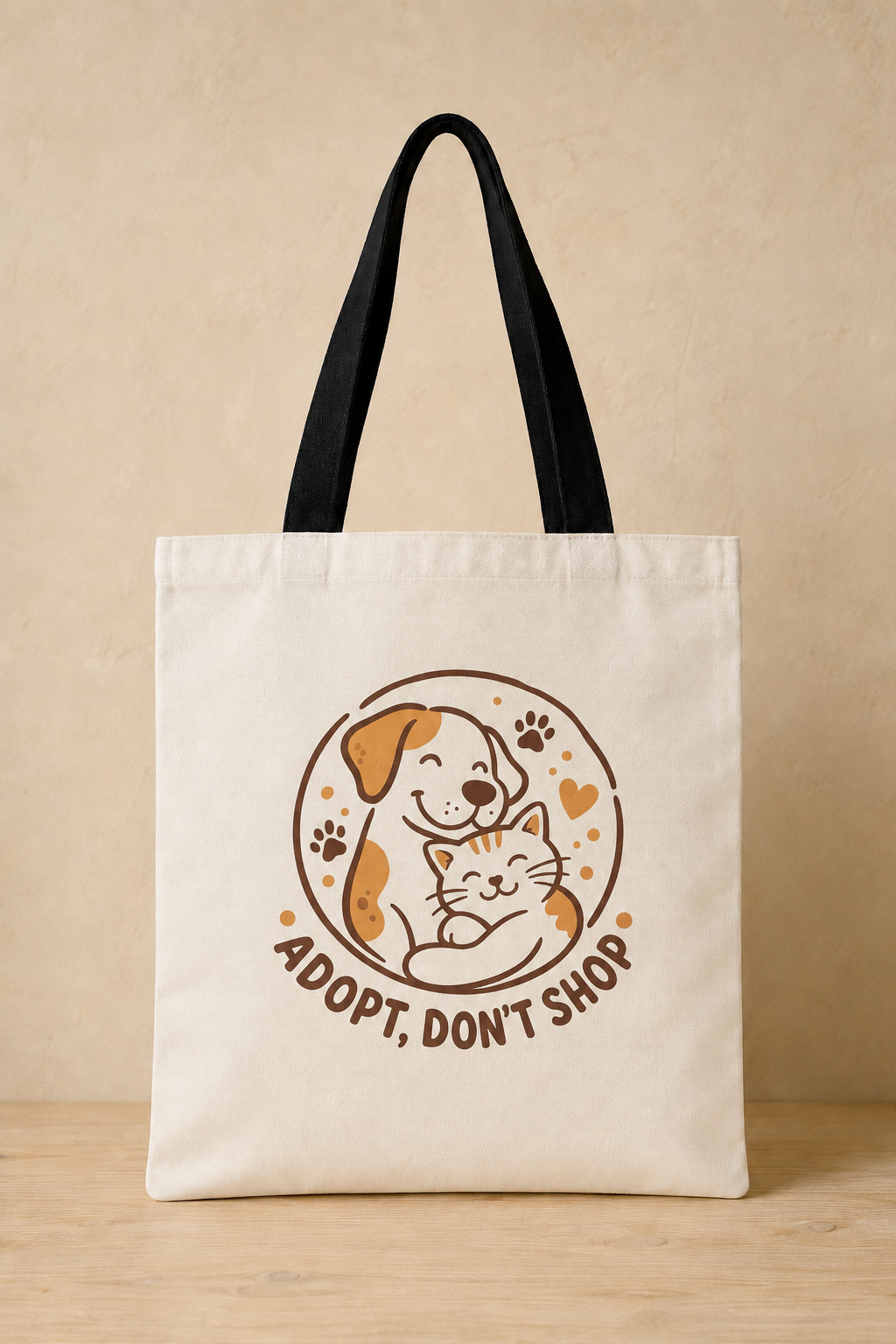 An off-white canvas tote bag with black shoulder straps, featuring a circular graphic of a smiling dog and cat with the text 'ADOPT, DON'T SHOP' in brown, set against a warm beige background.