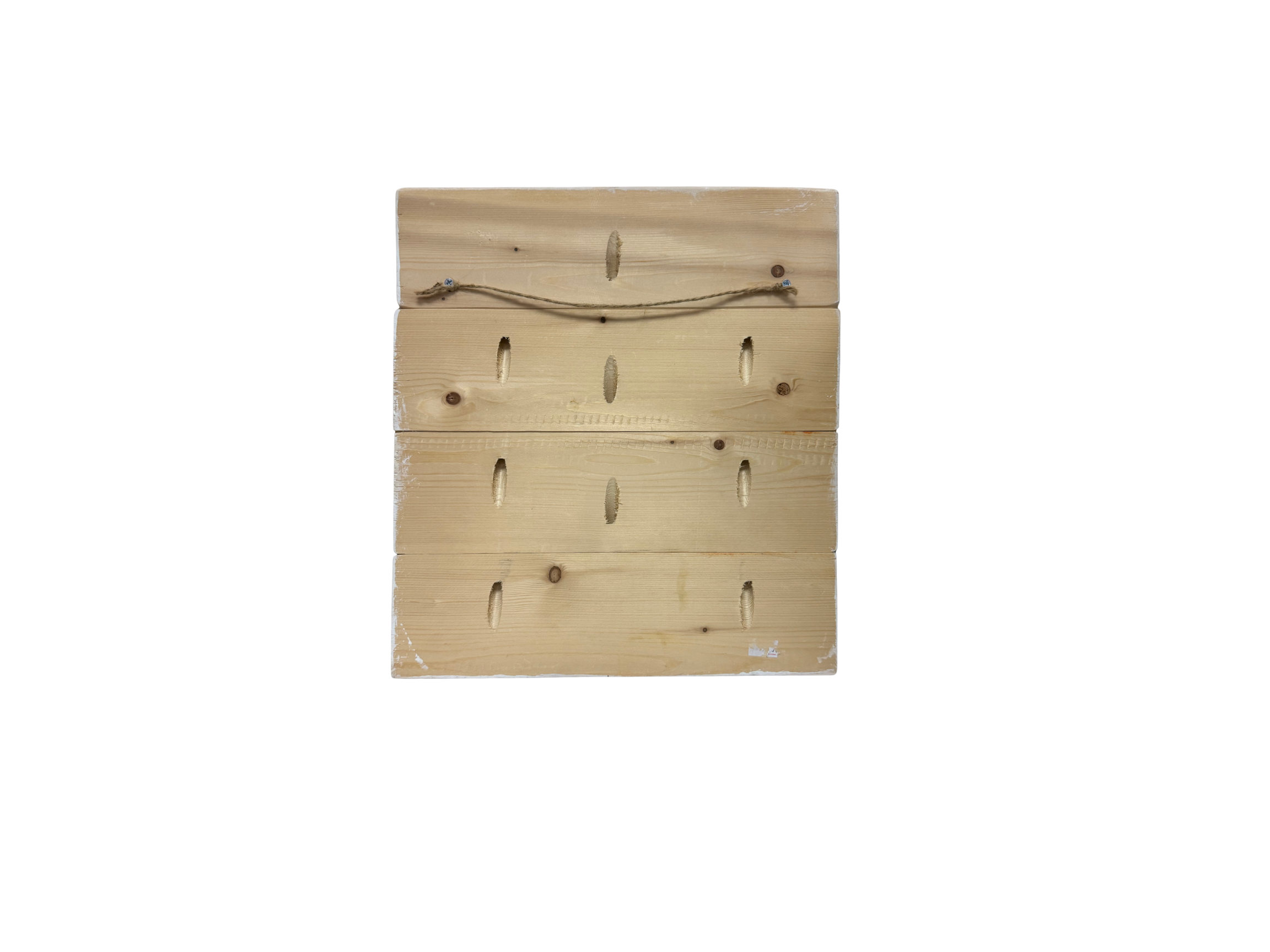 Wooden wall-mounted pegboard with hooks on a white background