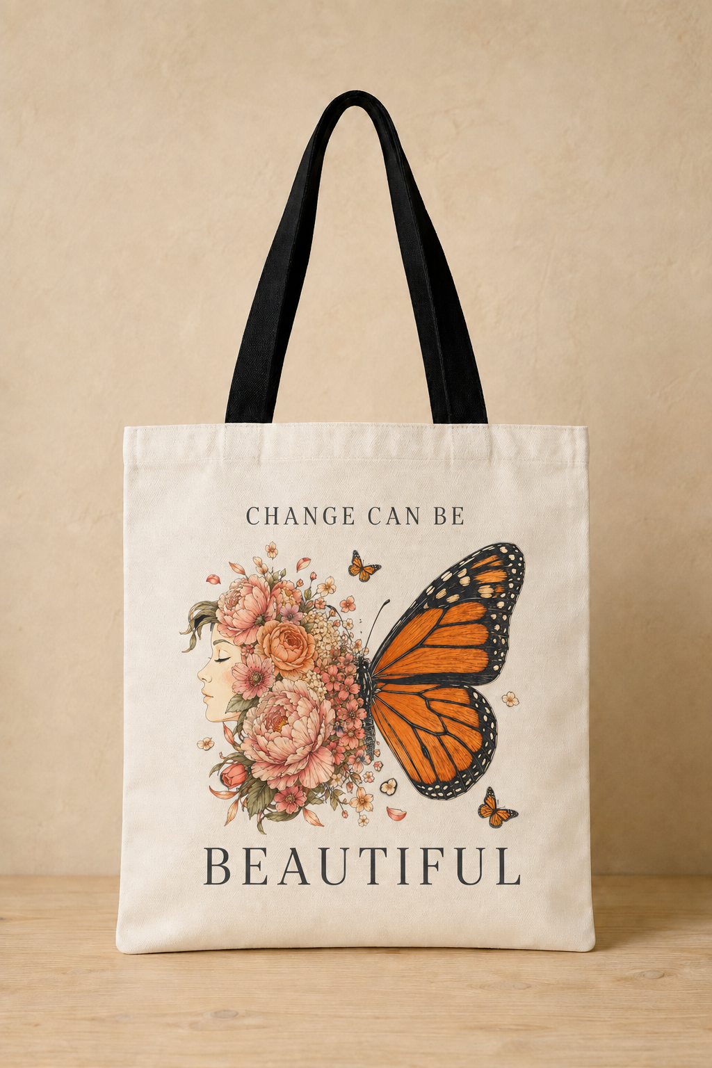 An off-white canvas tote bag with black shoulder straps, featuring a printed design of an orange monarch butterfly, pink flowers, and the text 'CHANGE CAN BE BEAUTIFUL' on a beige background.