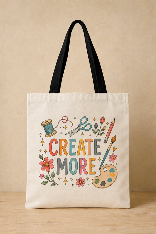 An off-white canvas tote bag with black shoulder straps, featuring a colorful 'CREATE MORE' graphic with sewing and art tools on a beige background.