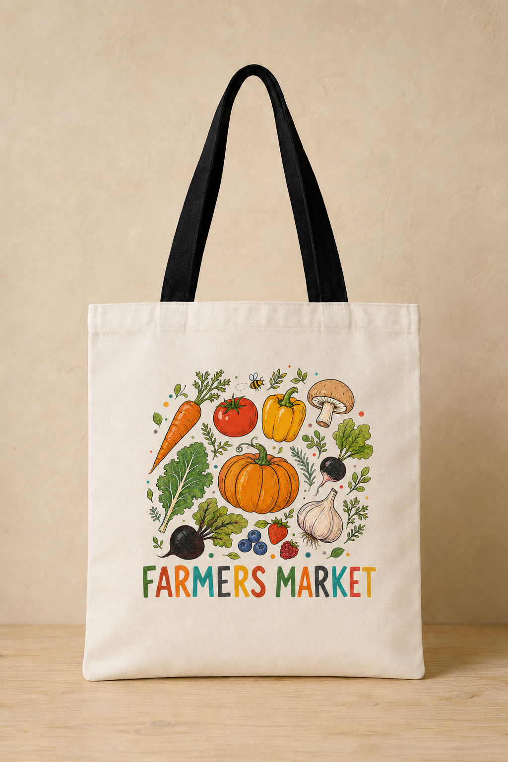 An off-white canvas tote bag with black shoulder straps, featuring a colorful illustration of various vegetables and the text 'FARMERS MARKET' printed on the front, set against a neutral beige background.