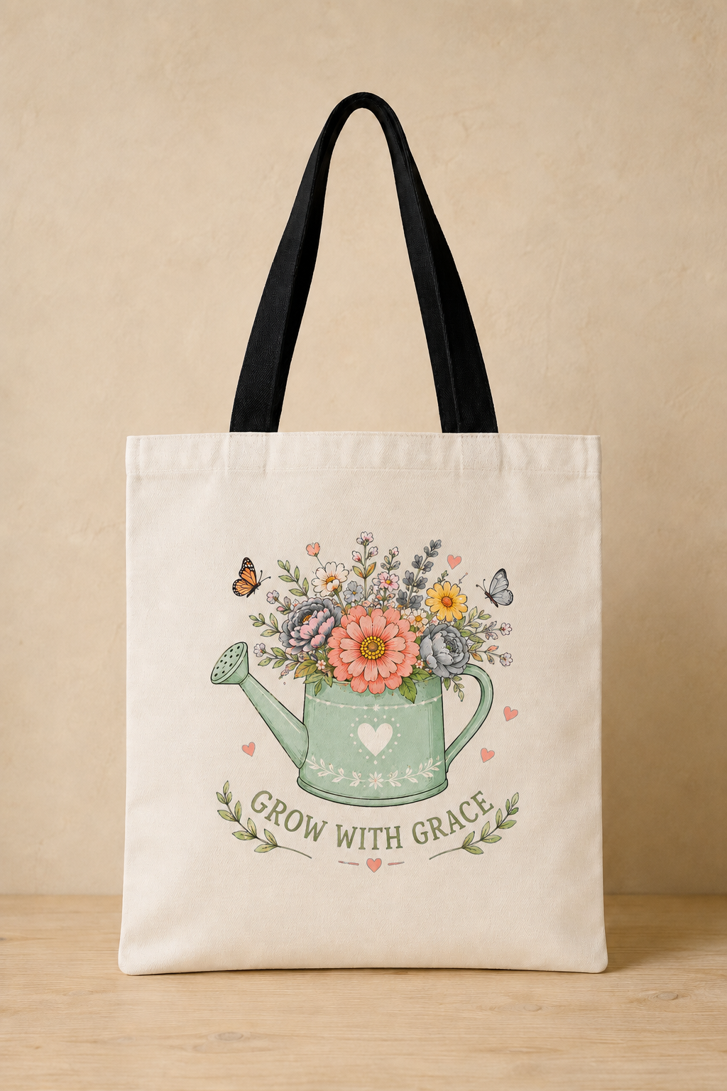 An off-white canvas tote bag with black shoulder straps, featuring a colorful floral illustration in a mint green watering can with the text 'GROW WITH GRACE' on a beige background.