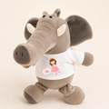A plush elephant toy in soft gray fabric wearing a white T-shirt with a pink fairy graphic and the words 'elephant girl'.