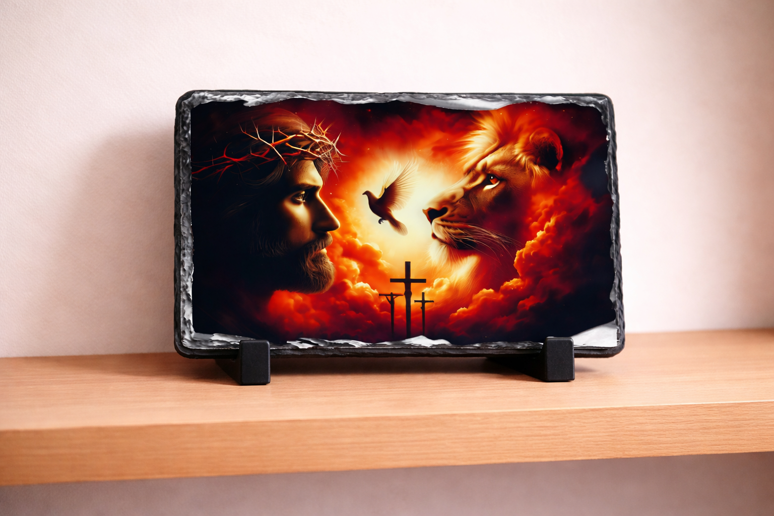 Decorative plaque with artistic depiction of a man, lion, and cross on a wooden shelf.