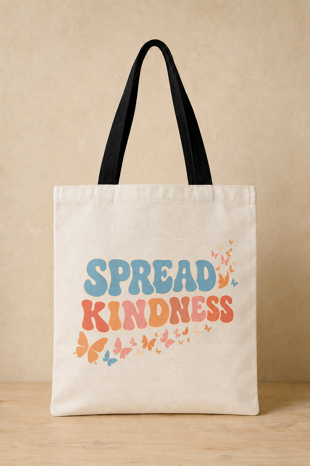 An off-white canvas tote bag with black shoulder straps, featuring the phrase 'SPREAD KINDNESS' in blue and orange lettering with small colorful butterflies, set against a warm beige background.