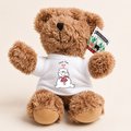 A brown plush teddy bear wearing a white T-shirt with a cute cartoon bear graphic and the text 'Love You' and 'SOWING'.