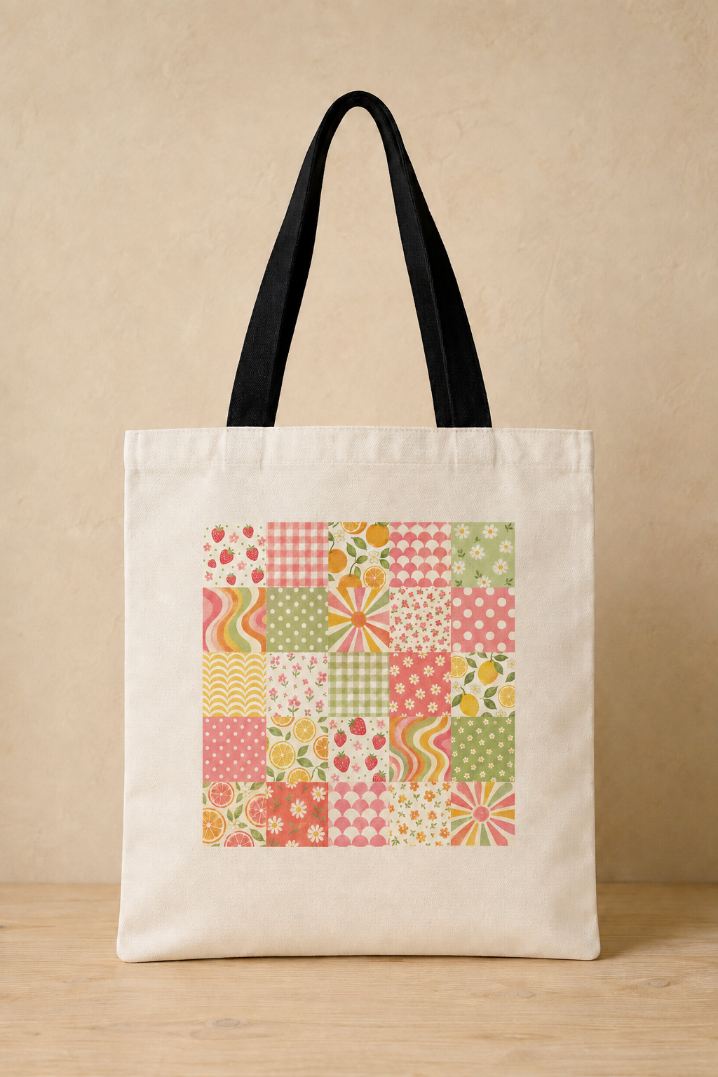 An off-white canvas tote bag with black shoulder straps, featuring a colorful patchwork-style square print on the front with floral, striped, and polka-dot patterns in pink, green, yellow, and orange, set against a neutral beige background.