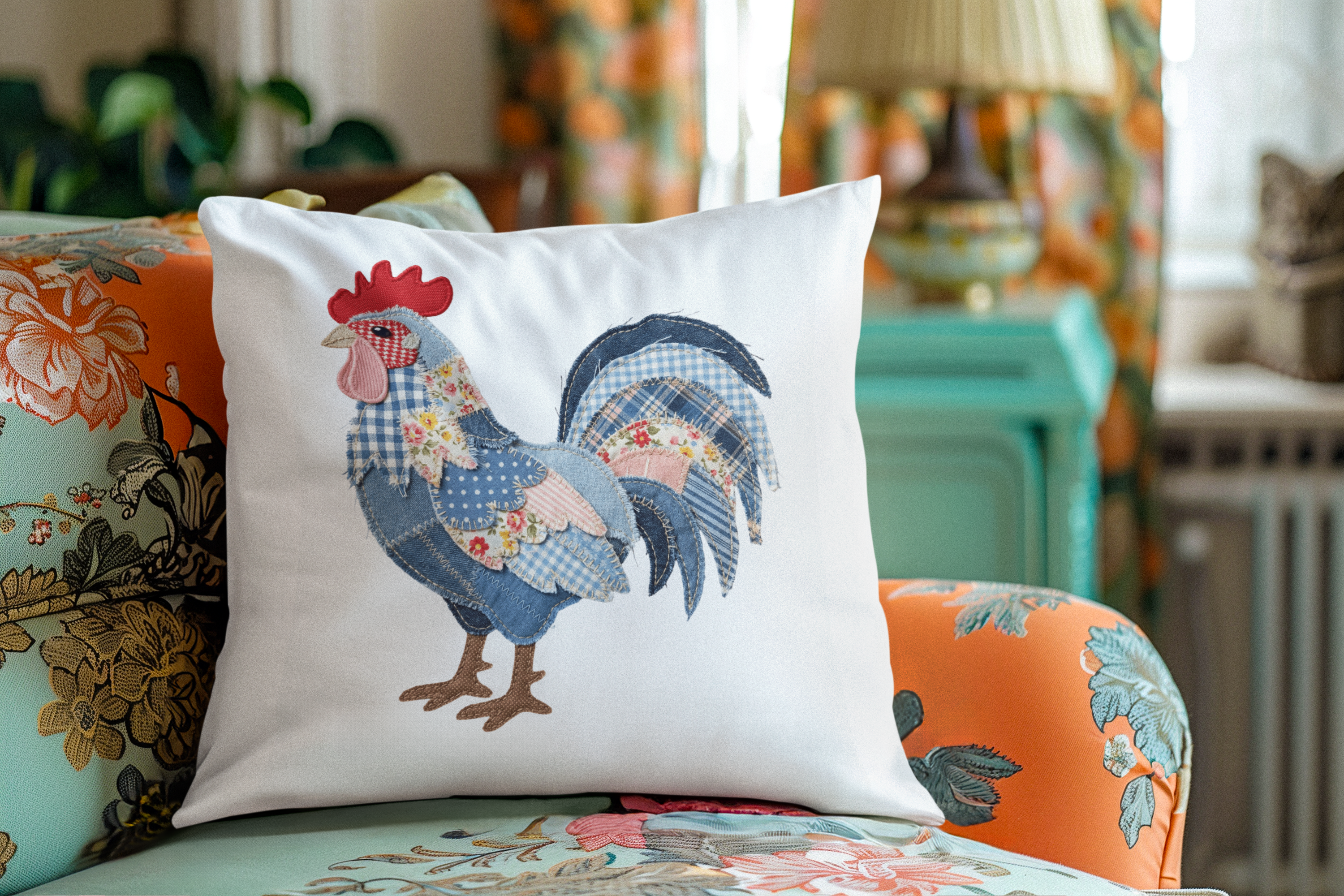 Decorative pillow with a rooster design on a floral-patterned chair.