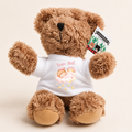 A brown plush teddy bear wearing a white T-shirt with a pink and yellow 'Team Girl' graphic, shown against a light beige background. A hangtag on the ear reads 'SOWLAND'.