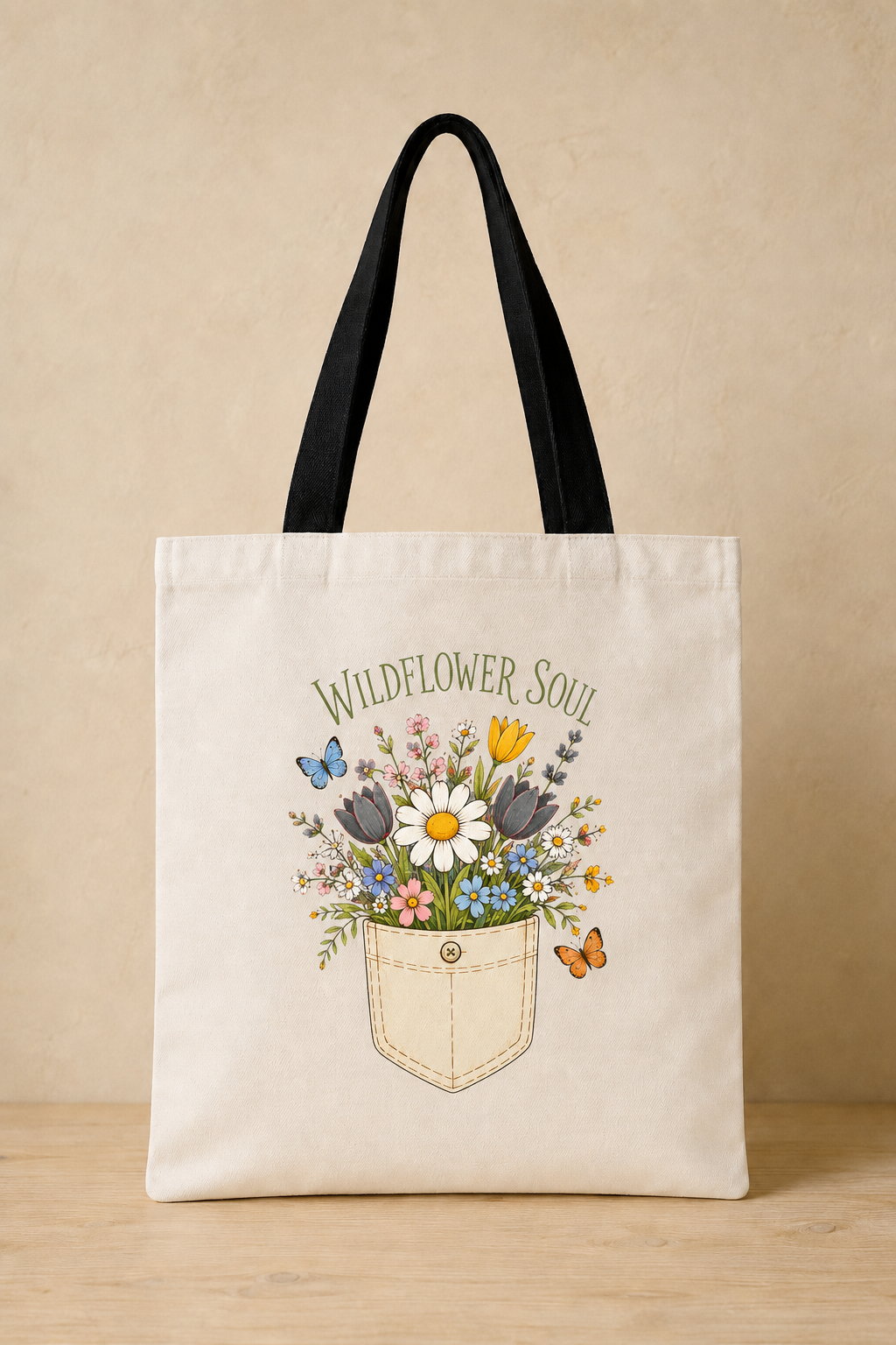 An off-white canvas tote bag with black shoulder straps, featuring a printed graphic of wildflowers in a pocket with the text 'WILDFLOWER SOUL' on a beige background.