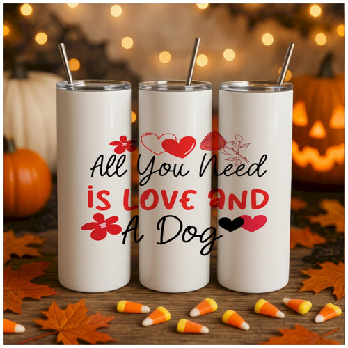 Three white tumblers with autumn-themed designs and text on a festive background.
