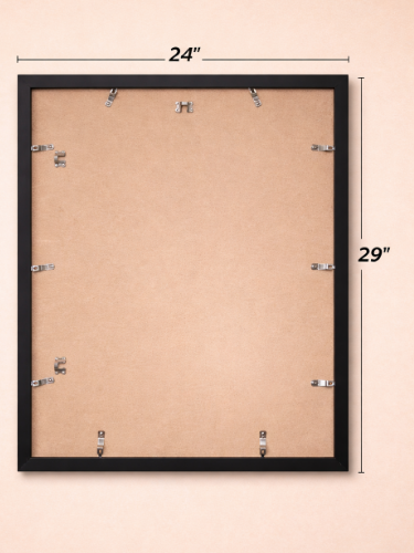 Black picture frame with dimensions on a beige background