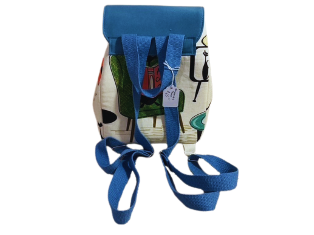 Small backpack with blue straps and colorful design on a white background