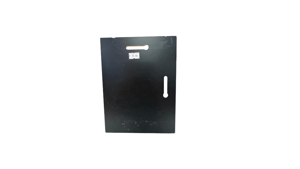 Black rectangular object with cutouts on a white background