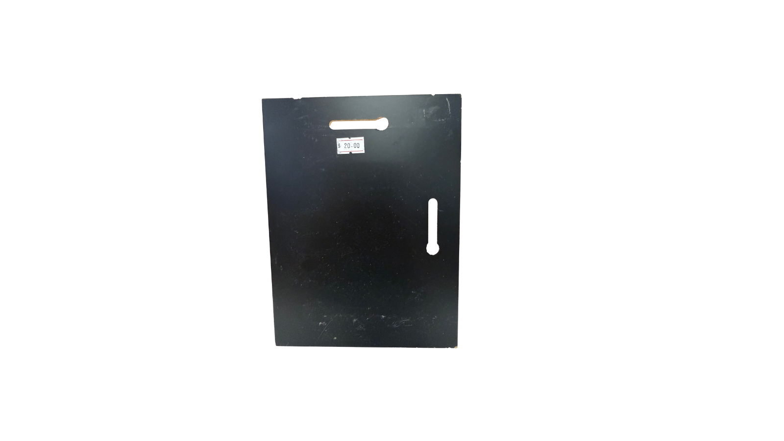 Black rectangular object with cutouts on a white background