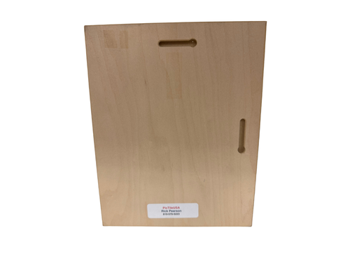 Wooden cutting board with a label on a white background