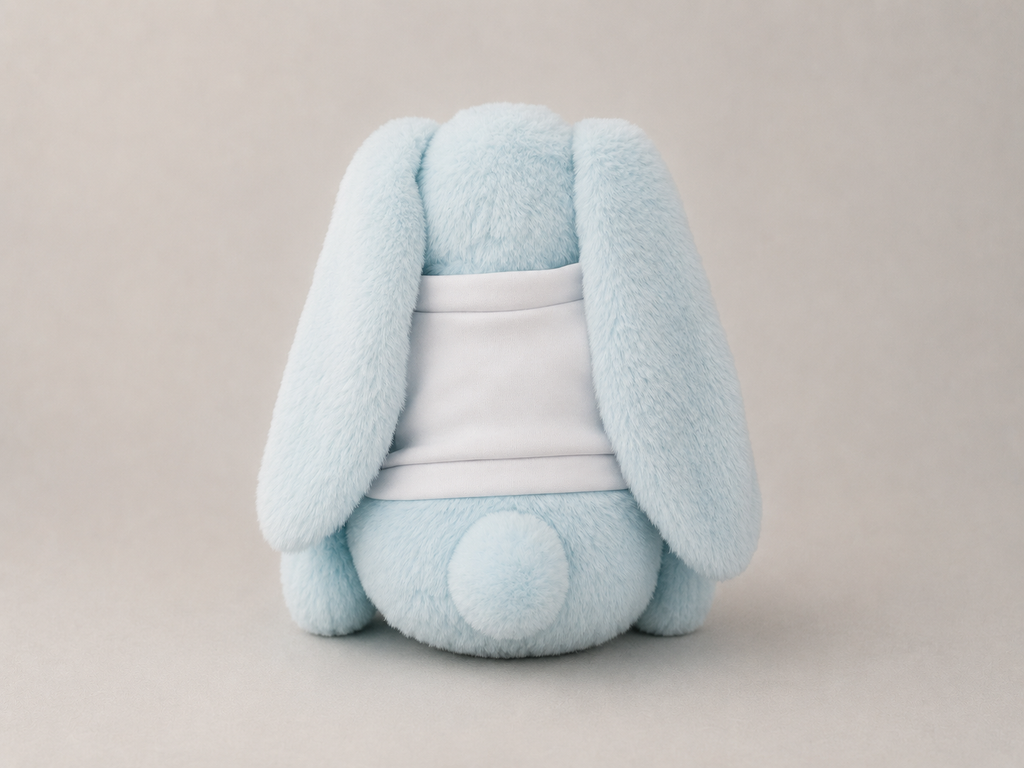 A light blue plush bunny toy viewed from the back, wearing a white shirt, set against a plain light beige background.