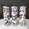 Three tumblers with baseball-themed designs on a white surface.