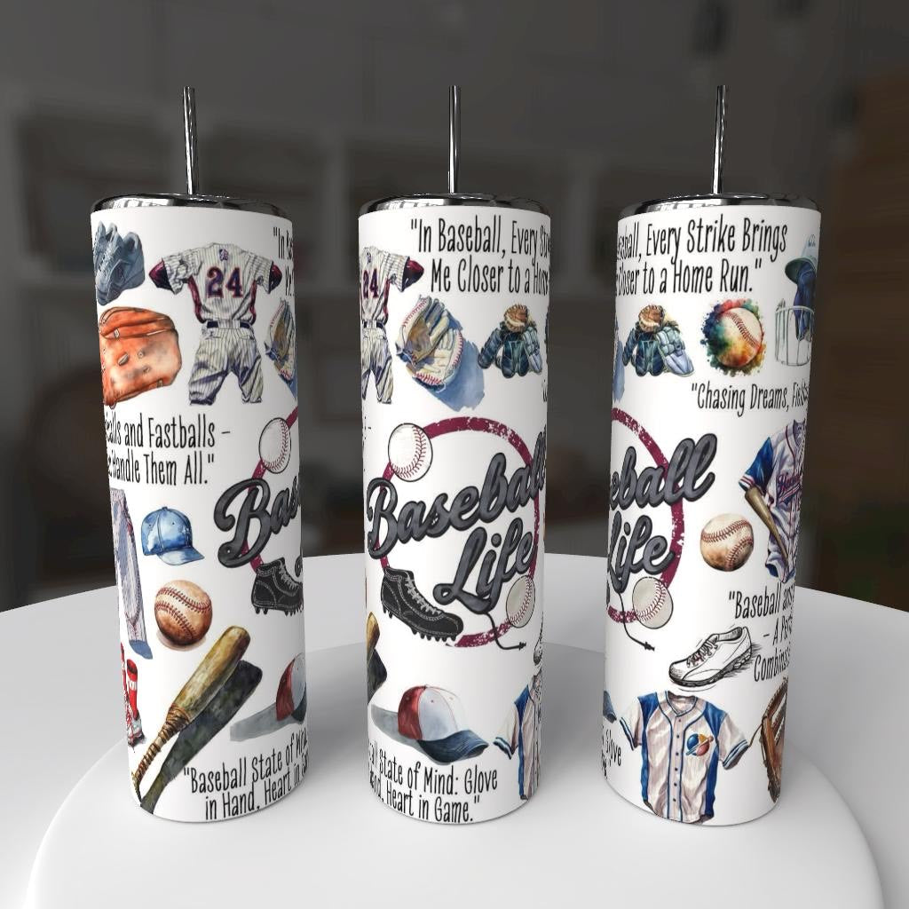 Three tumblers with baseball-themed designs on a white surface.
