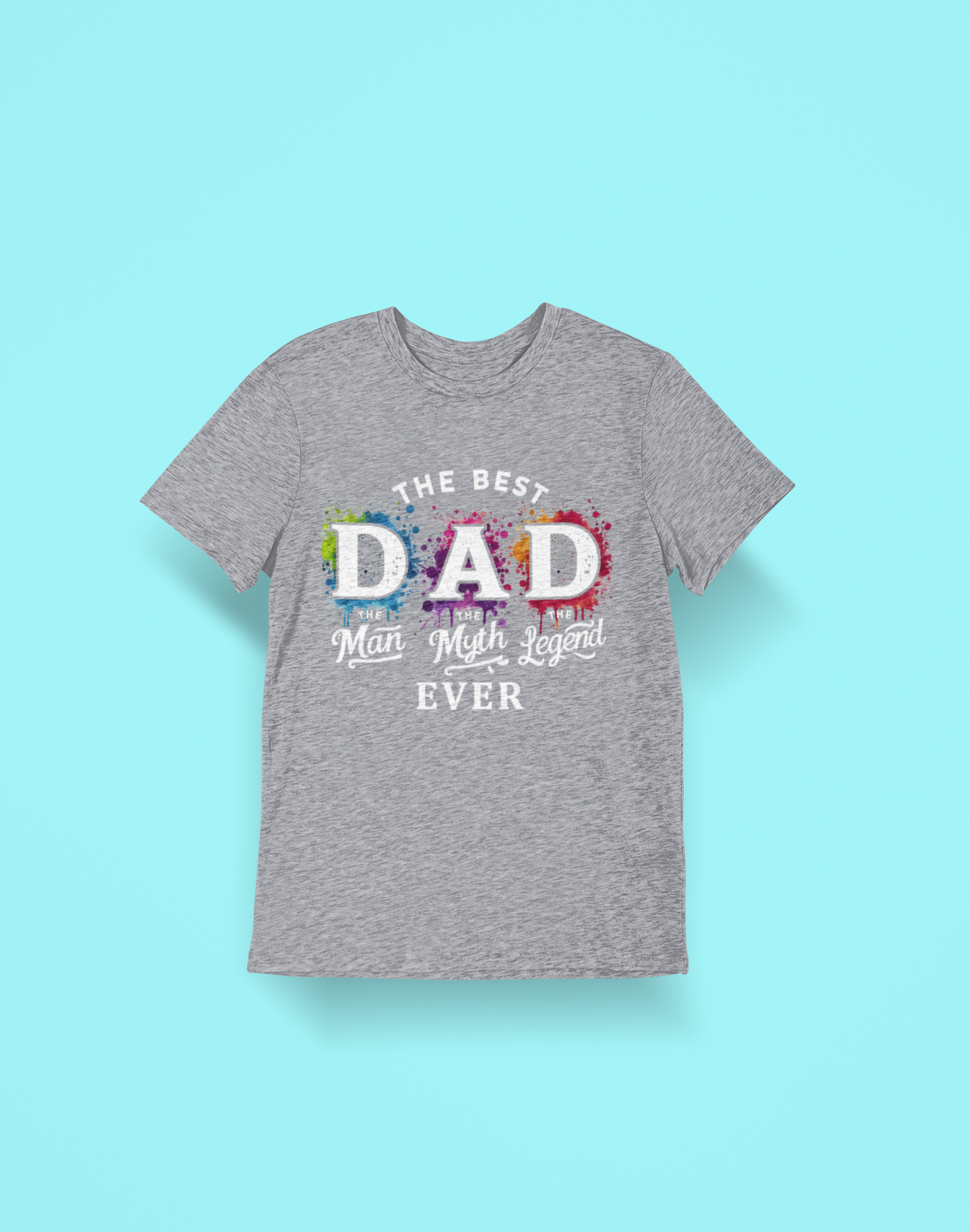 Gray t-shirt with colorful text design on a light blue background