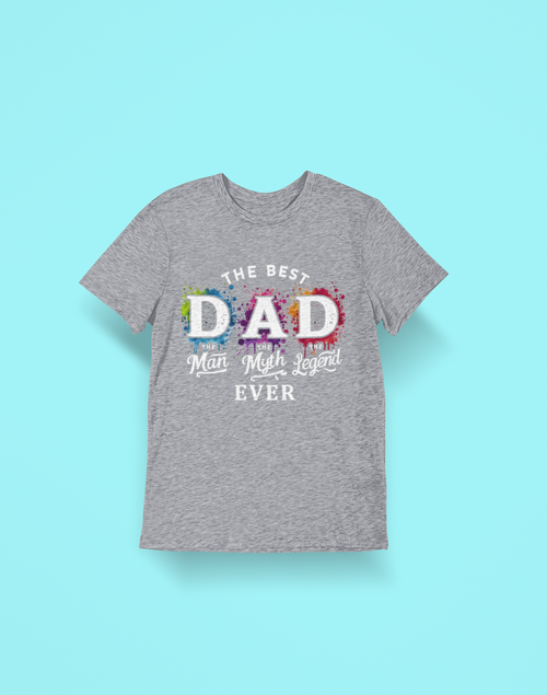 Gray t-shirt with colorful text design on a light blue background