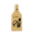 Wooden serving board with illustrations of bread, wine, and cheese on a white background