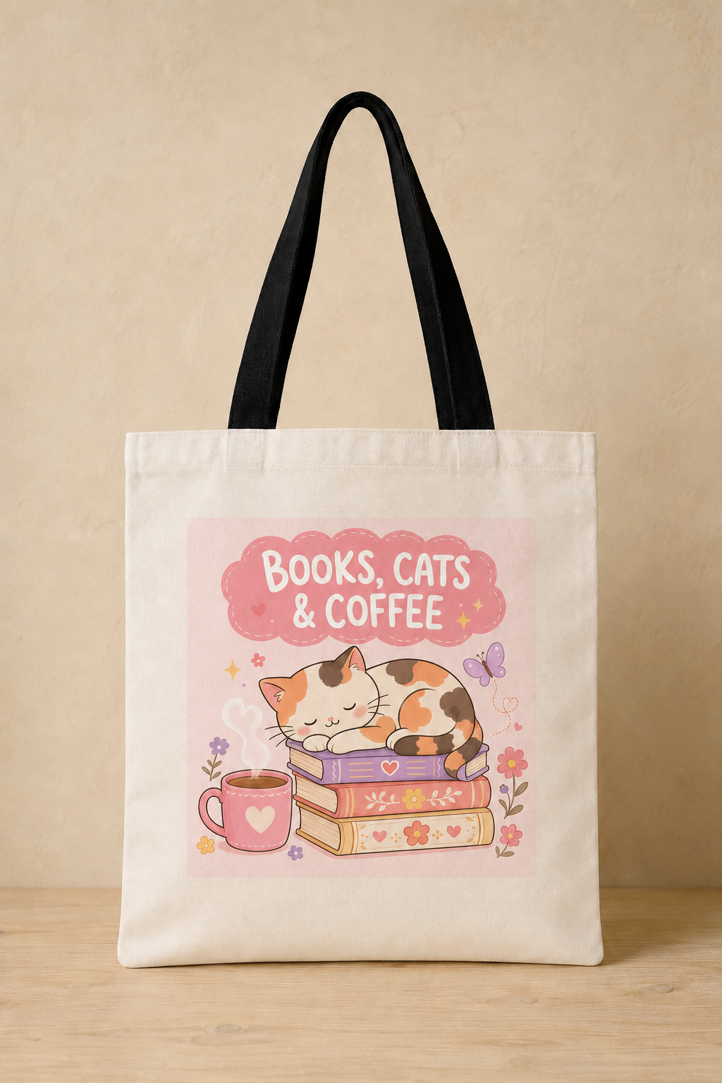 An off-white canvas tote bag with black shoulder straps, featuring a cute illustration of a sleeping cat on books next to a coffee mug under a pink cloud that reads 'BOOKS, CATS & COFFEE'.