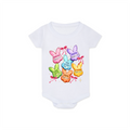 White baby onesie with colorful bunny designs and text on a white background