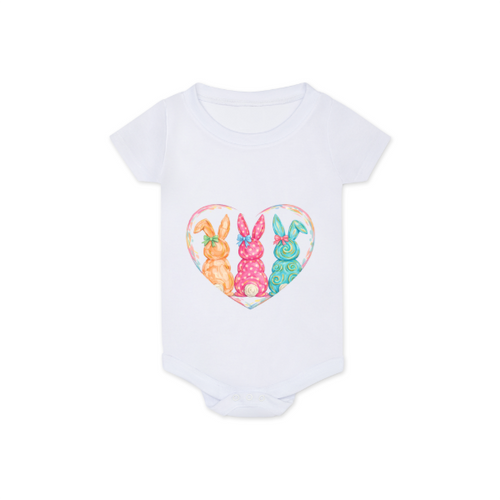 White baby onesie with colorful bunny design on a white background