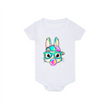 White baby onesie with a colorful bunny design on a white background