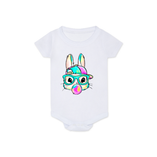 White baby onesie with a colorful bunny design on a white background