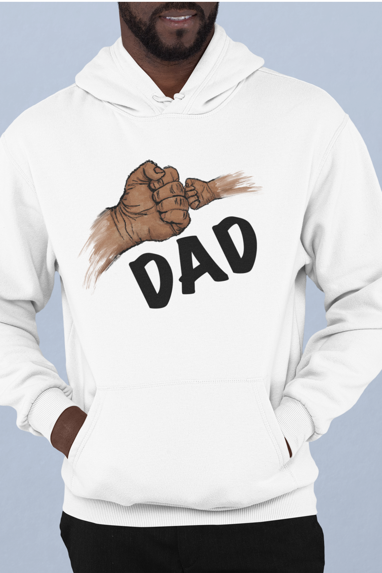 White hoodie with a graphic of a fist bump between an dad hand and a wson hand, with the word 'DAD' on a light blue background.