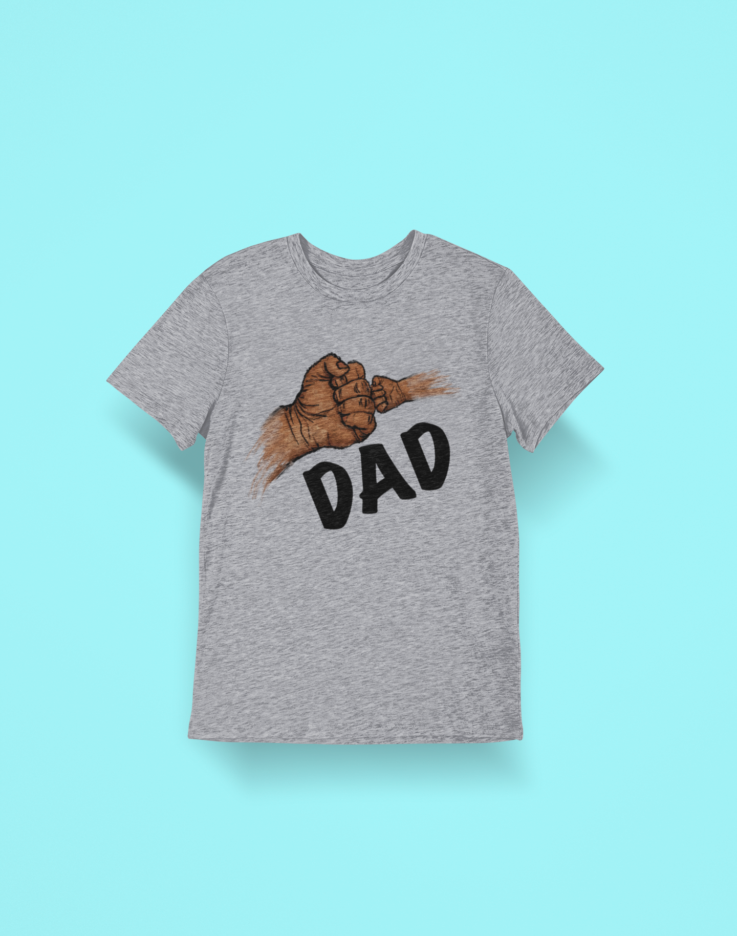 Gray t-shirt with a graphic of a hand pointing to the word 'DAD' on a light blue background