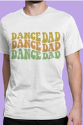 White t-shirt with 'DANCE DAD' text in colorful letters on a purple background