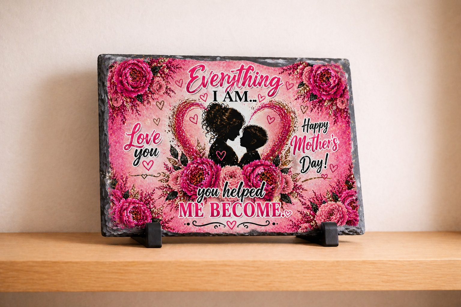 Decorative plaque with floral design and text on a wooden surface