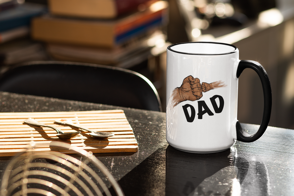 Mug with 'DAD' and graphic on a kitchen counter