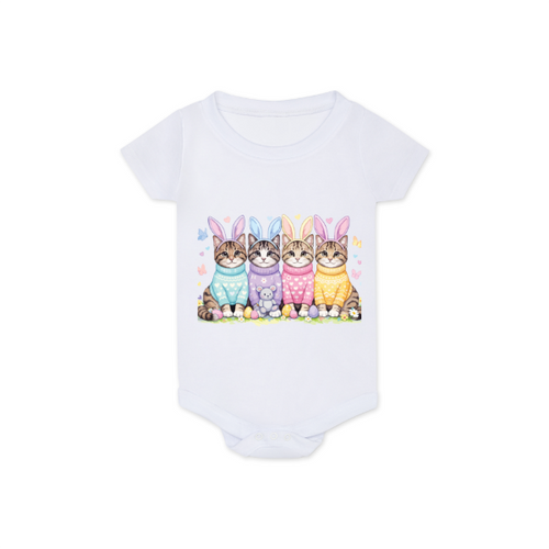 White baby onesie with colorful cat design wearing bunny ears on a white background