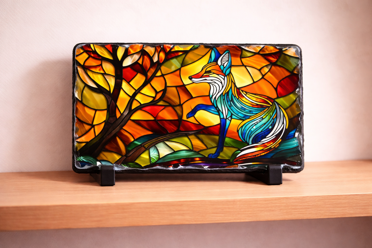 Colorful stained glass panel with a fox design on a wooden shelf.