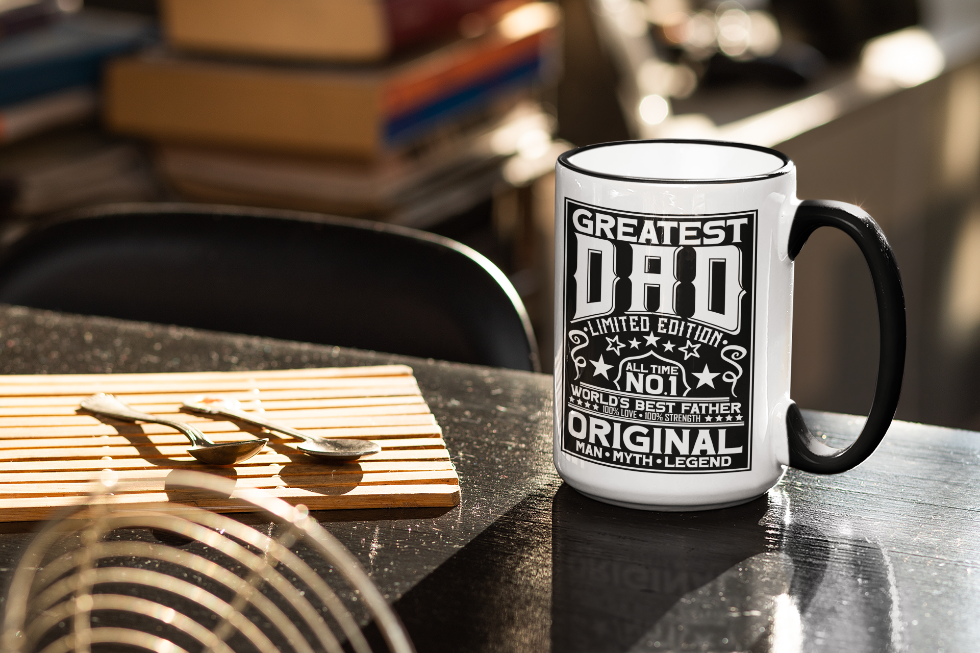 Mug with 'Greatest Dad' text on a kitchen counter