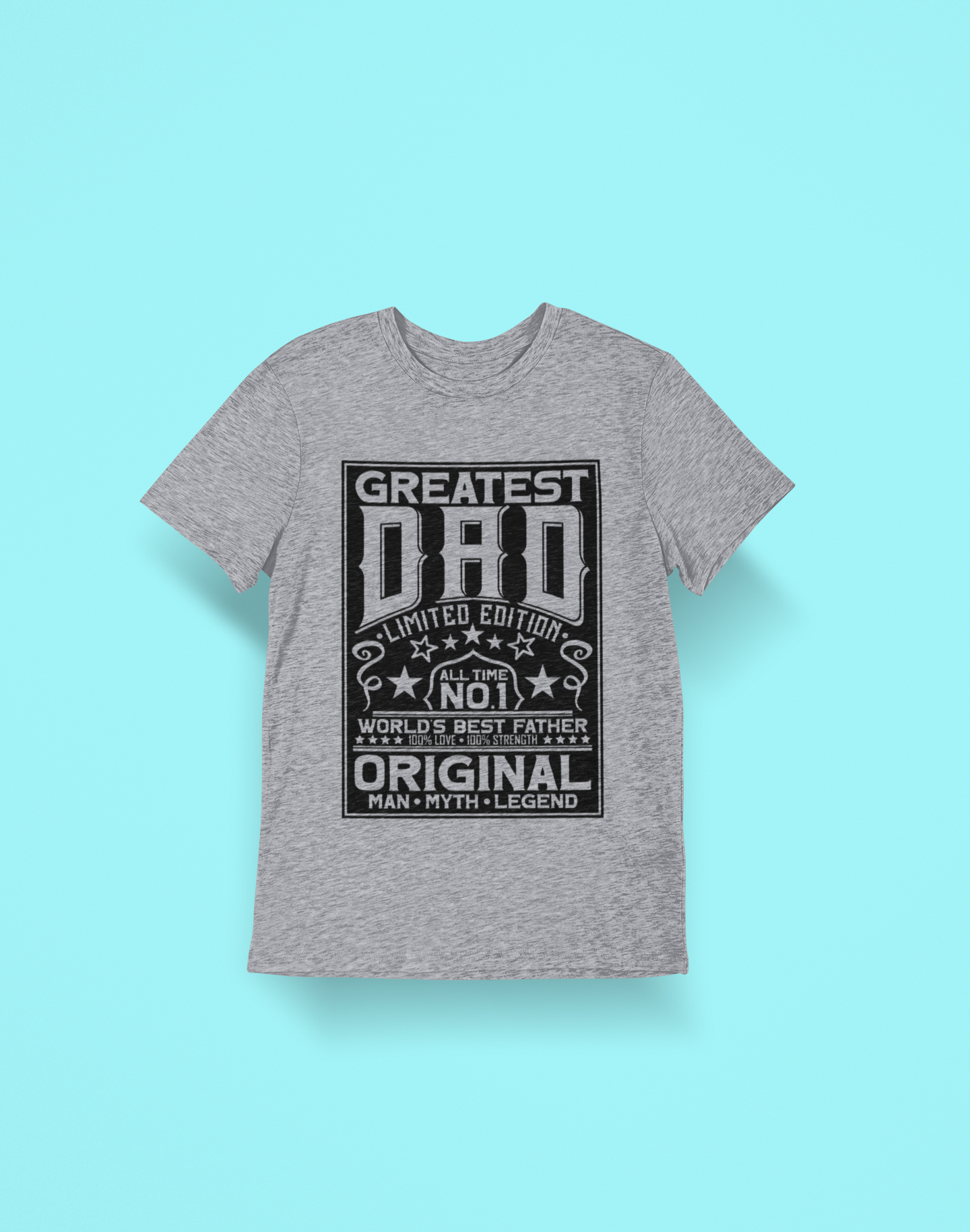 Gray t-shirt with black text on a light blue background