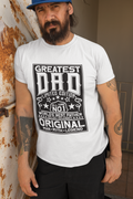Man wearing a white t-shirt with 'Greatest Dad' text design.