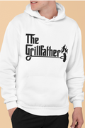 White hoodie with 'The Grillfather' text on a beige background