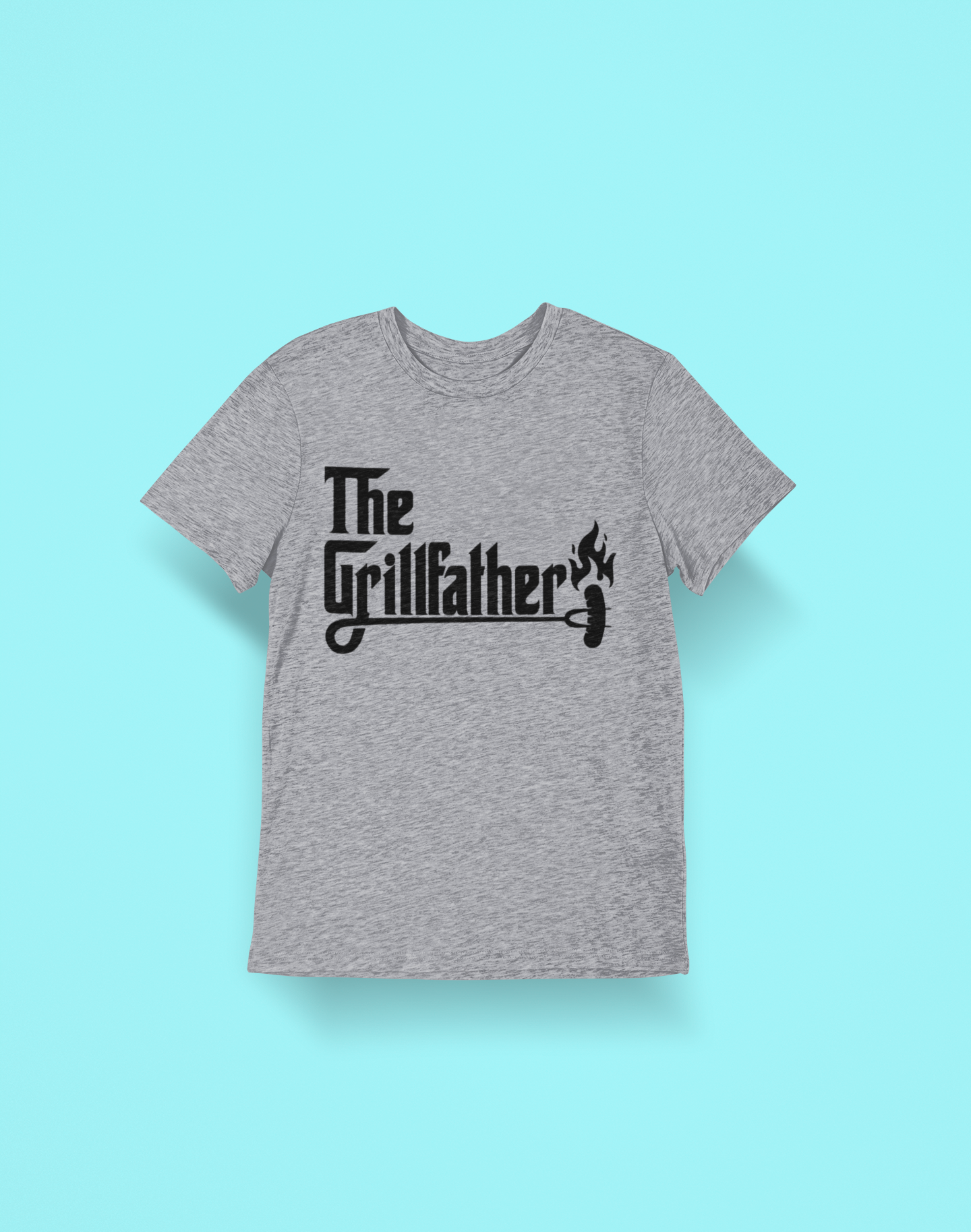 Gray t-shirt with 'The Grillfather' text on a light blue background