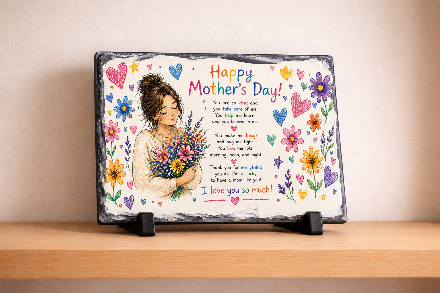 Decorative plaque with a woman holding flowers and colorful text on a stand.