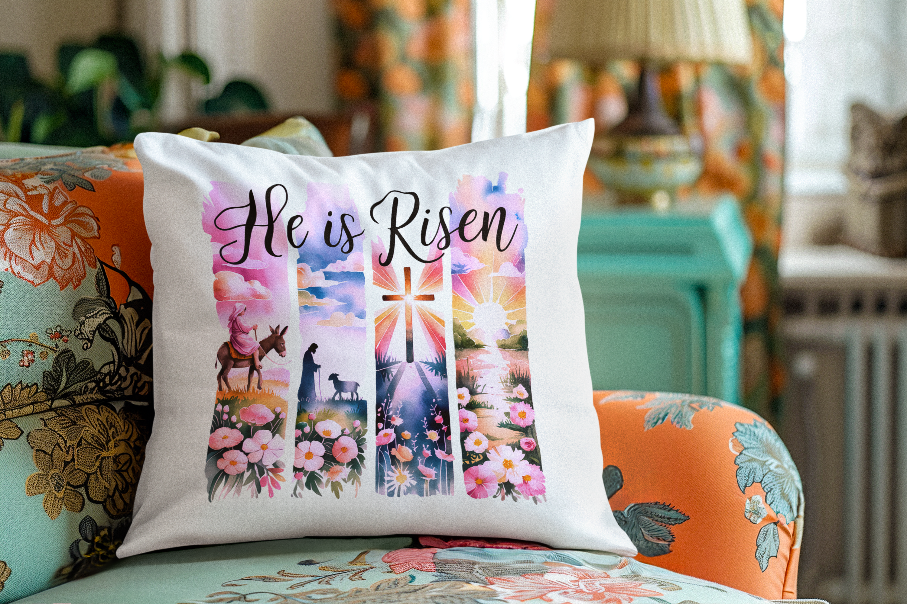 Decorative pillow with 'He is Risen' design on a floral couch