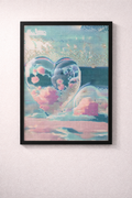 Framed artwork of a heart-shaped object with colorful design on a white wall