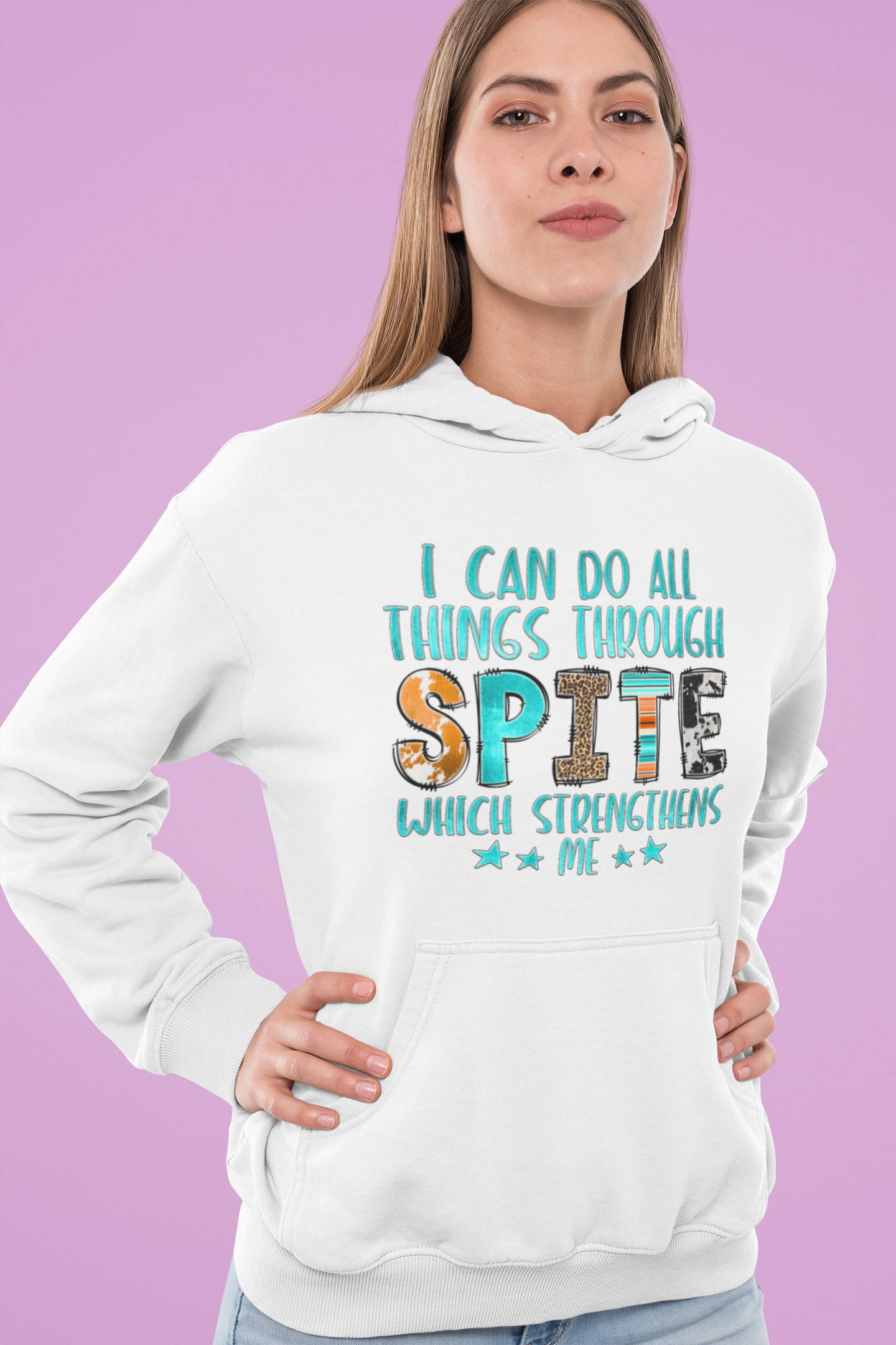 Text-only hoodie with glitter letters that says "I Can Do All Things Through Spite"